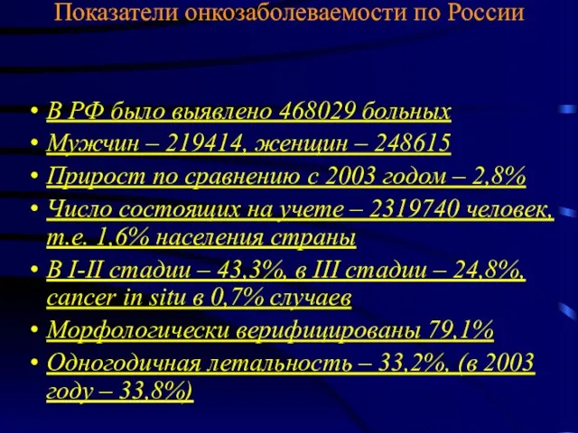 Показатели онкозаболеваемости по России В РФ было выявлено 468029 больных