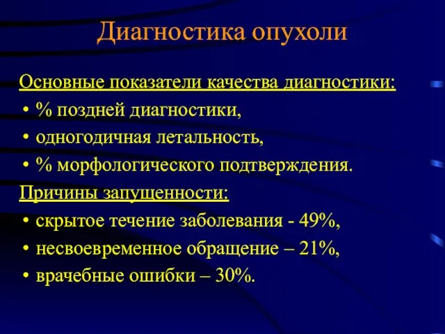 Диагностика опухоли Основные показатели качества диагностики: % поздней диагностики, одногодичная