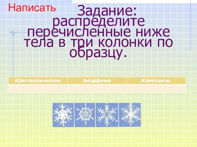 Задание: распределите перечисленные ниже тела в три колонки по образцу. Написать