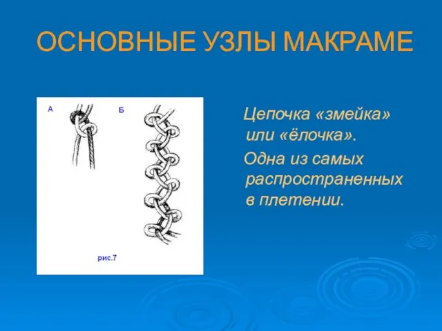 ОСНОВНЫЕ УЗЛЫ МАКРАМЕ Цепочка «змейка» или «ёлочка». Одна из самых распространенных в плетении.