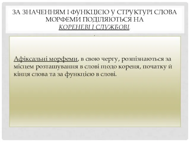 ЗА ЗНАЧЕННЯМ І ФУНКЦІЄЮ У СТРУКТУРІ СЛОВА МОРФЕМИ ПОДІЛЯЮТЬСЯ НА