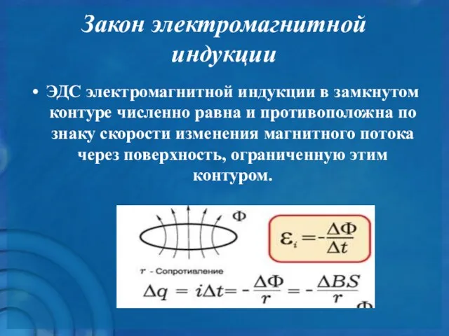 Закон электромагнитной индукции ЭДС электромагнитной индукции в замкнутом контуре численно