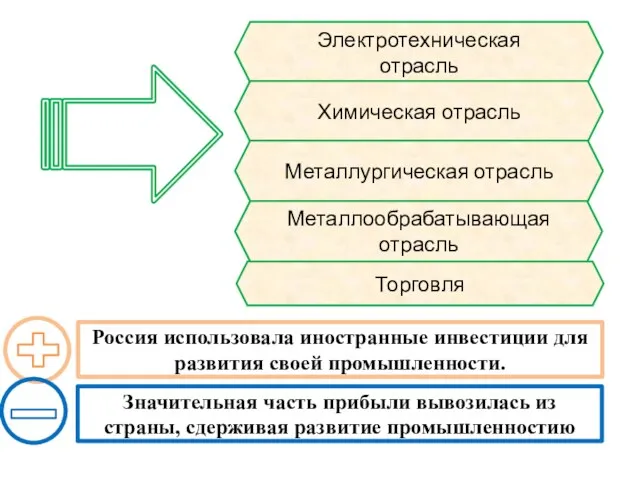 Электротехническая отрасль Химическая отрасль Металлургическая отрасль Металлообрабатывающая отрасль Торговля Россия использовала иностранные инвестиции