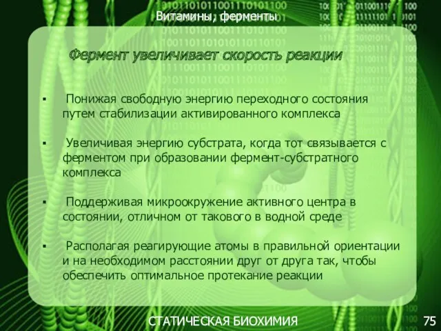 Витамины, ферменты 75 СТАТИЧЕСКАЯ БИОХИМИЯ Фермент увеличивает скорость реакции Понижая