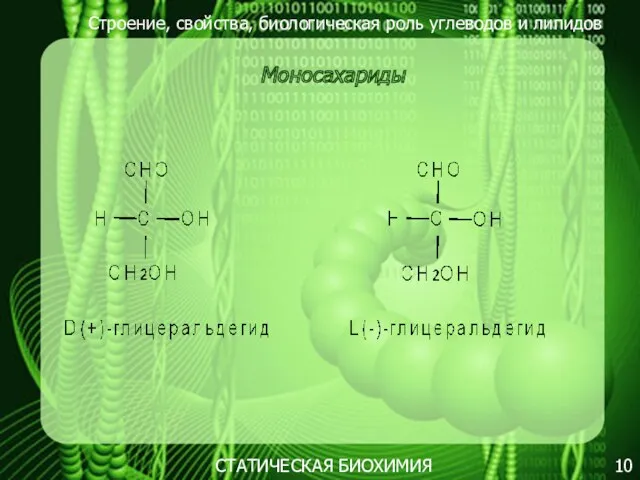 Строение, свойства, биологическая роль углеводов и липидов 10 Моносахариды СТАТИЧЕСКАЯ БИОХИМИЯ