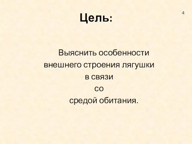 Цель: Выяснить особенности внешнего строения лягушки в связи со средой обитания. 4