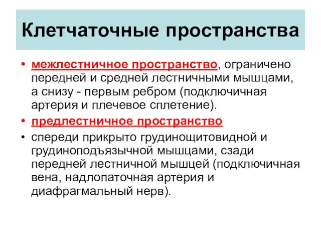 Клетчаточные пространства межлестничное пространство, ограничено передней и средней лестничными мышцами,