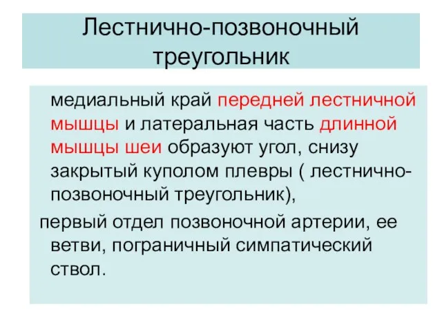 Лестнично-позвоночный треугольник медиальный край передней лестничной мышцы и латеральная часть