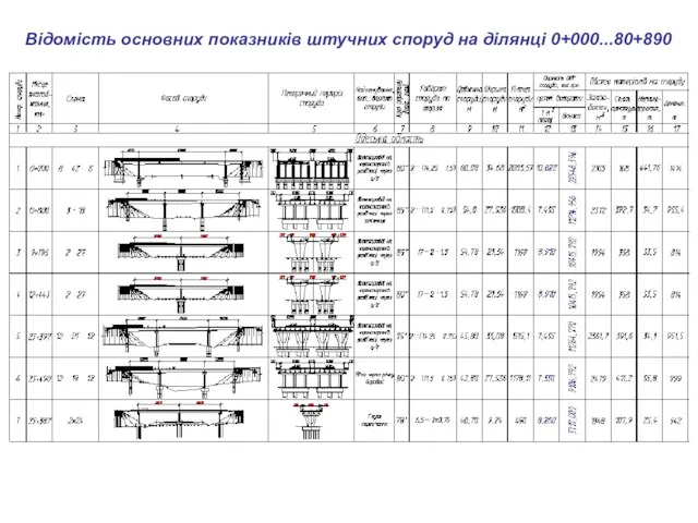 Відомість основних показників штучних споруд на ділянці 0+000...80+890