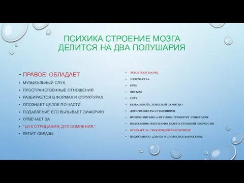 ПСИХИКА СТРОЕНИЕ МОЗГА ДЕЛИТСЯ НА ДВА ПОЛУШАРИЯ ПРАВОЕ ОБЛАДАЕТ МУЗЫКАЛЬНЫЙ