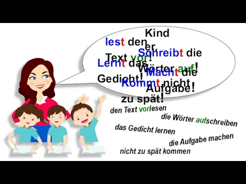 den Text vorlesen die Wörter aufschreiben das Gedicht lernen die