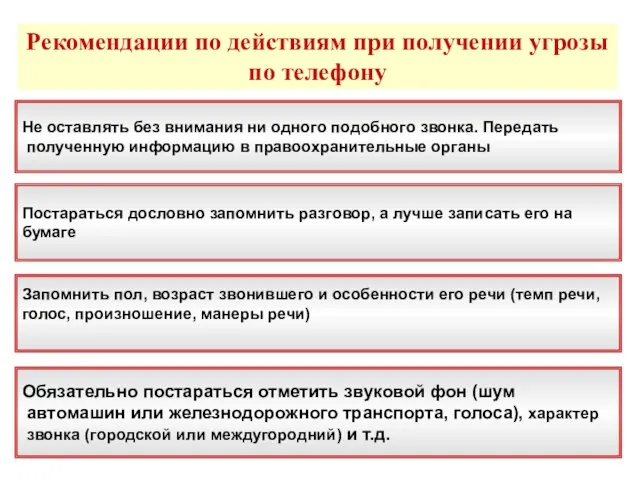 Рекомендации по действиям при получении угрозы по телефону Не оставлять