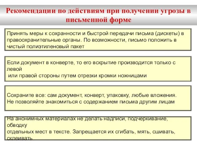 Рекомендации по действиям при получении угрозы в письменной форме Принять