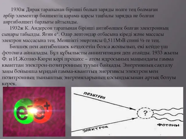 1930ж Дирак тарапынан бірінші болып заряды нолге тең болмаған әрбір