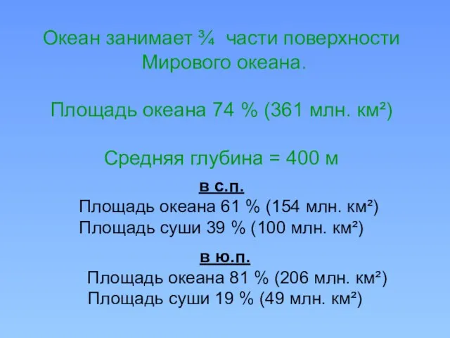 Океан занимает ¾ части поверхности Мирового океана. Площадь океана 74