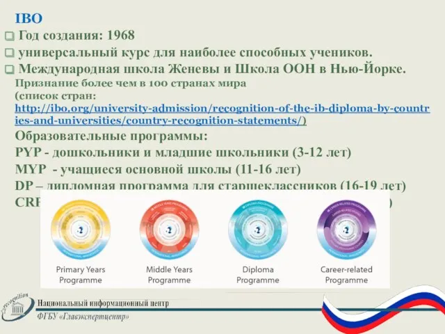 IBO Год создания: 1968 универсальный курс для наиболее способных учеников.