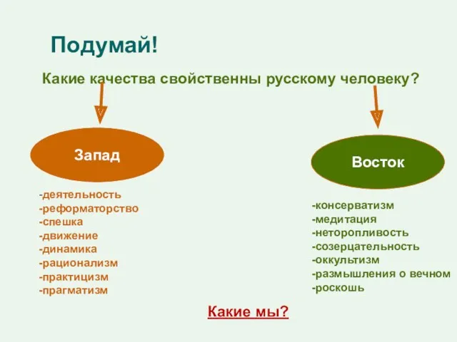 Подумай! Какие качества свойственны русскому человеку? Запад Восток -деятельность -реформаторство