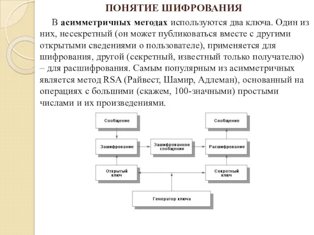 В асимметричных методах используются два ключа. Один из них, несекретный (он может публиковаться