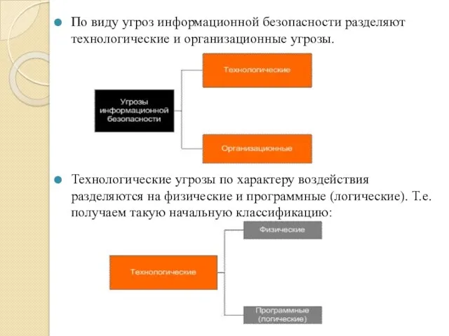 По виду угроз информационной безопасности разделяют технологические и организационные угрозы.