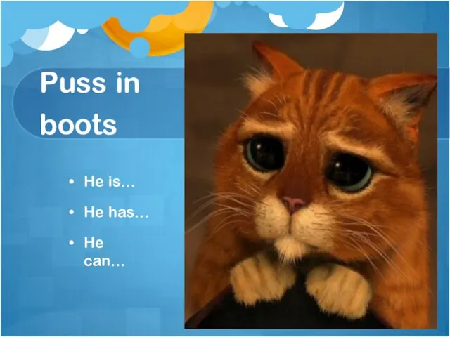 Puss in boots He is… He has… He can…