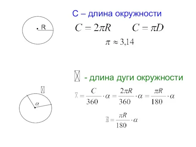 С – длина окружности . R - длина дуги окружности .