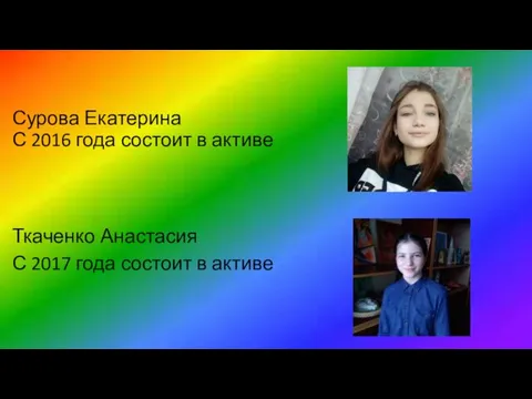 Сурова Екатерина С 2016 года состоит в активе Ткаченко Анастасия С 2017 года состоит в активе