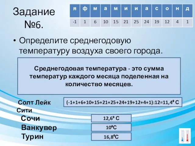 Задание №6. Определите среднегодовую температуру воздуха своего города. Среднегодовая температура