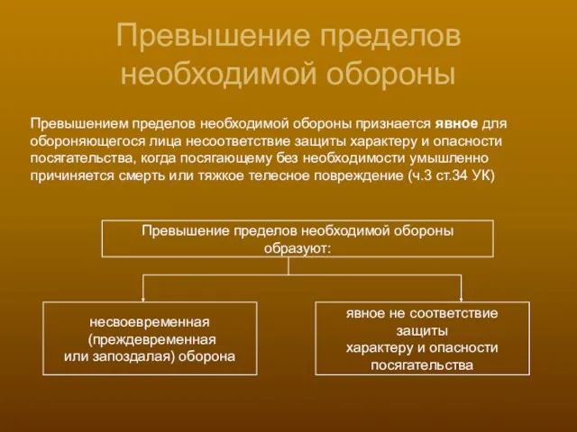 Превышение пределов необходимой обороны Превышением пределов необходимой обороны признается явное