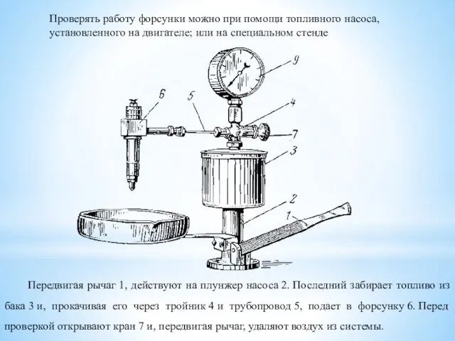 Проверять работу форсунки можно при помощи топливного насоса, установленного на