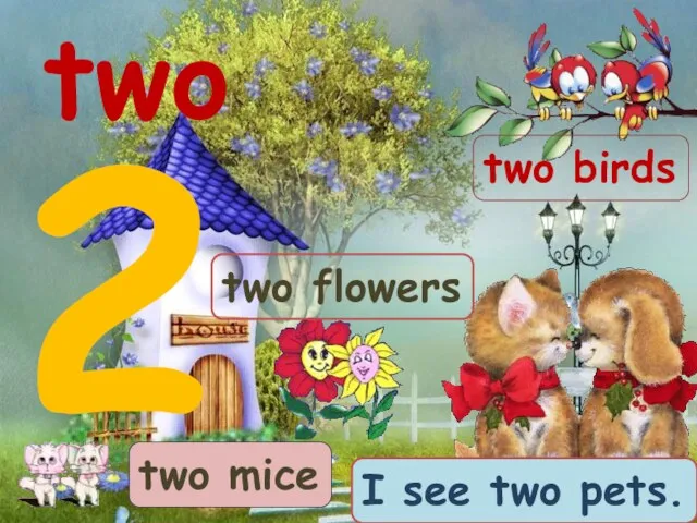 two 2 I see two pets. two birds two mice two flowers