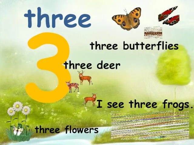 three 3 three flowers three deer three butterflies I see three frogs.
