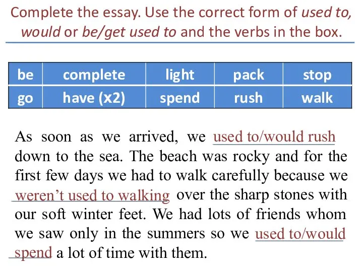 Complete the essay. Use the correct form of used to,