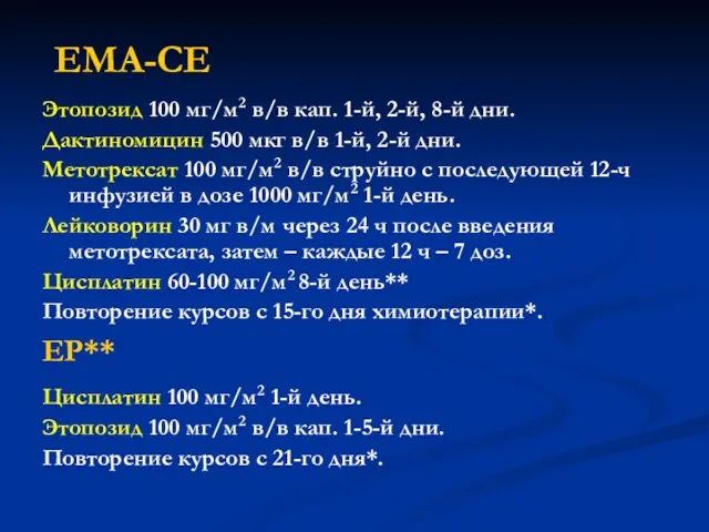 EMA-CE Этопозид 100 мг/м2 в/в кап. 1-й, 2-й, 8-й дни.