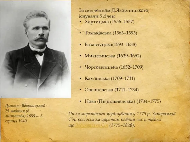 Дмитро Яворницький — 25 жовтня (6 листопада) 1855— 5 серпня