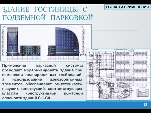 ЗДАНИЕ ГОСТИНИЦЫ С ПОДЗЕМНОЙ ПАРКОВКОЙ Применение каркасной системы позволяет модернизировать