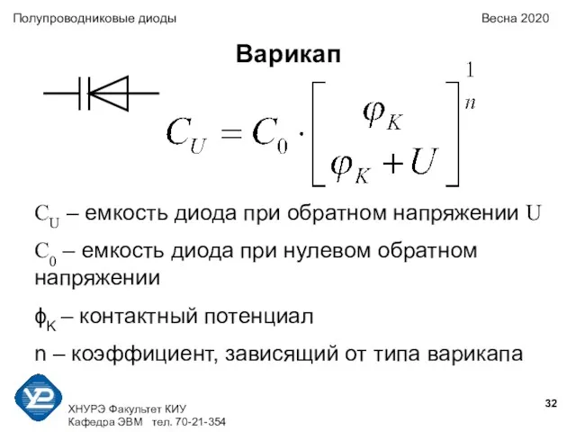 ХНУРЭ Факультет КИУ Кафедра ЭВМ тел. 70-21-354 Полупроводниковые диоды Весна