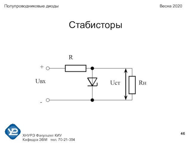 Стабисторы Полупроводниковые диоды Весна 2020 ХНУРЭ Факультет КИУ Кафедра ЭВМ тел. 70-21-354