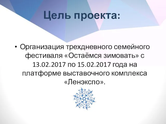 Цель проекта: Организация трехдневного семейного фестиваля «Остаёмся зимовать» с 13.02.2017