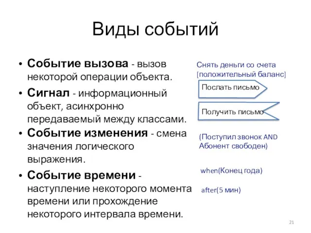 Виды событий Событие вызова - вызов некоторой операции объекта. Сигнал