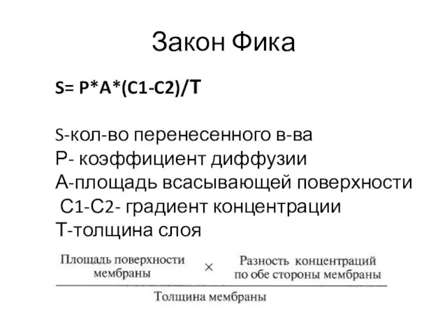 Закон Фика S= P*A*(C1-C2)/Т S-кол-во перенесенного в-ва Р- коэффициент диффузии А-площадь всасывающей поверхности