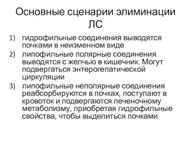 Основные сценарии элиминации ЛС гидрофильные соединения выводятся почками в неизменном виде липофильные полярные