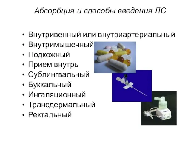 Абсорбция и способы введения ЛС Внутривенный или внутриартериальный Внутримышечный Подкожный Прием внутрь Сублингвальный