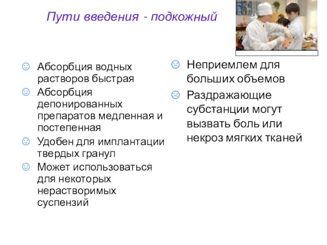 Пути введения - подкожный Абсорбция водных растворов быстрая Абсорбция депонированных препаратов медленная и