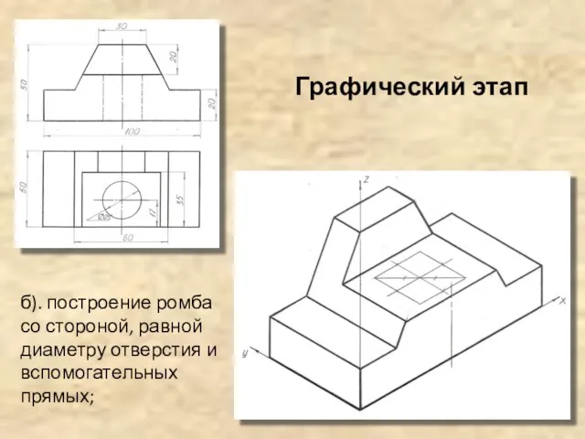 б). построение ромба со стороной, равной диаметру отверстия и вспомогательных прямых; Графический этап