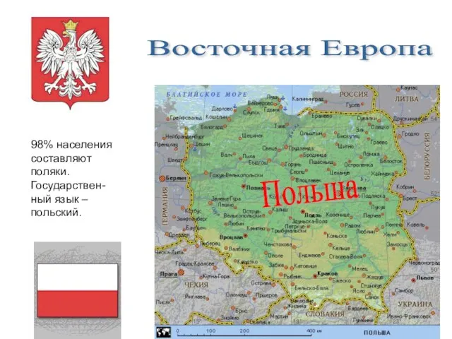 Восточная Европа 98% населения составляют поляки. Государствен-ный язык – польский. Польша