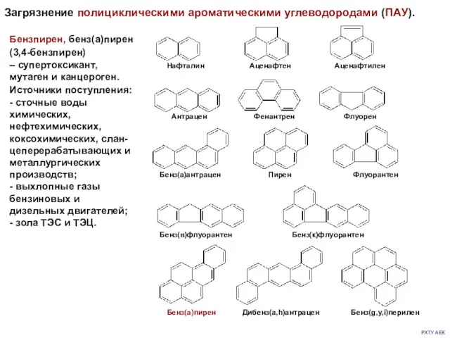 РХТУ АЕК Загрязнение полициклическими ароматическими углеводородами (ПАУ). Бензпирен, бенз(а)пирен (3,4-бензпирен) – супертоксикант, мутаген