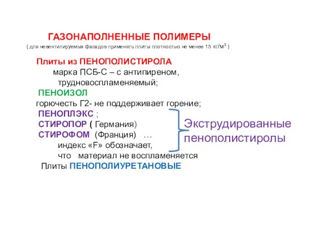 ГАЗОНАПОЛНЕННЫЕ ПОЛИМЕРЫ ( для невентилируемых фасадов применять плиты плотностью не