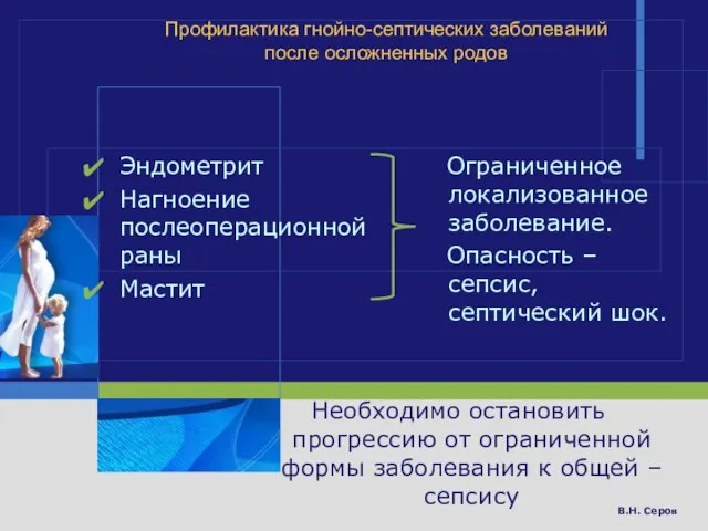 В.Н. Серов Профилактика гнойно-септических заболеваний после осложненных родов Необходимо остановить