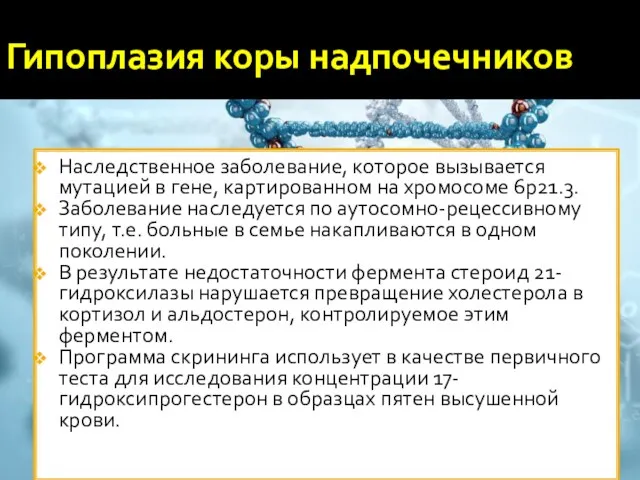 Гипоплазия коры надпочечников Наследственное заболевание, которое вызывается мутацией в гене, картированном на хромосоме