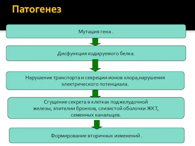 Патогенез нарушение синтеза первичного продукта гена CFTR - трансмембранного регулятора проводимости ионов Мутация